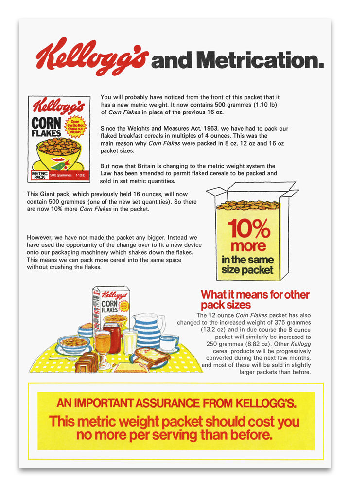 metrication of cornflakes - 1976